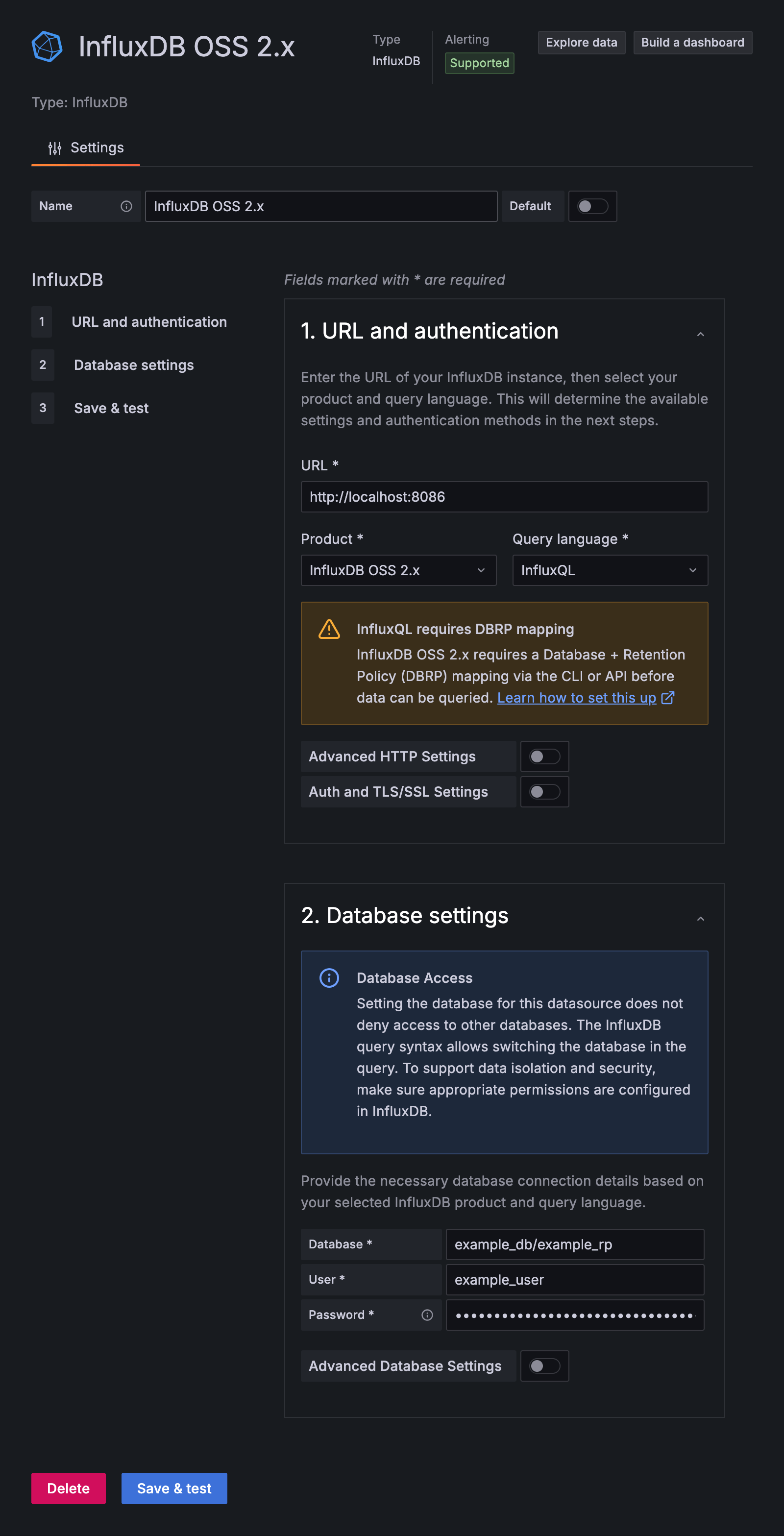 InfluxQL configuration for InfluxDB OSS 2.x with DBRP warning
