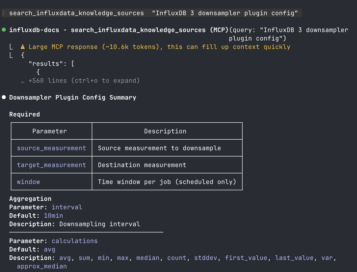 MCP tool search results showing InfluxDB documentation